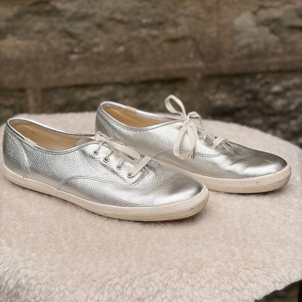 Keds x Kate Spade Silver Leather Sneakers Women’s 9.5 Metallic Lace Up